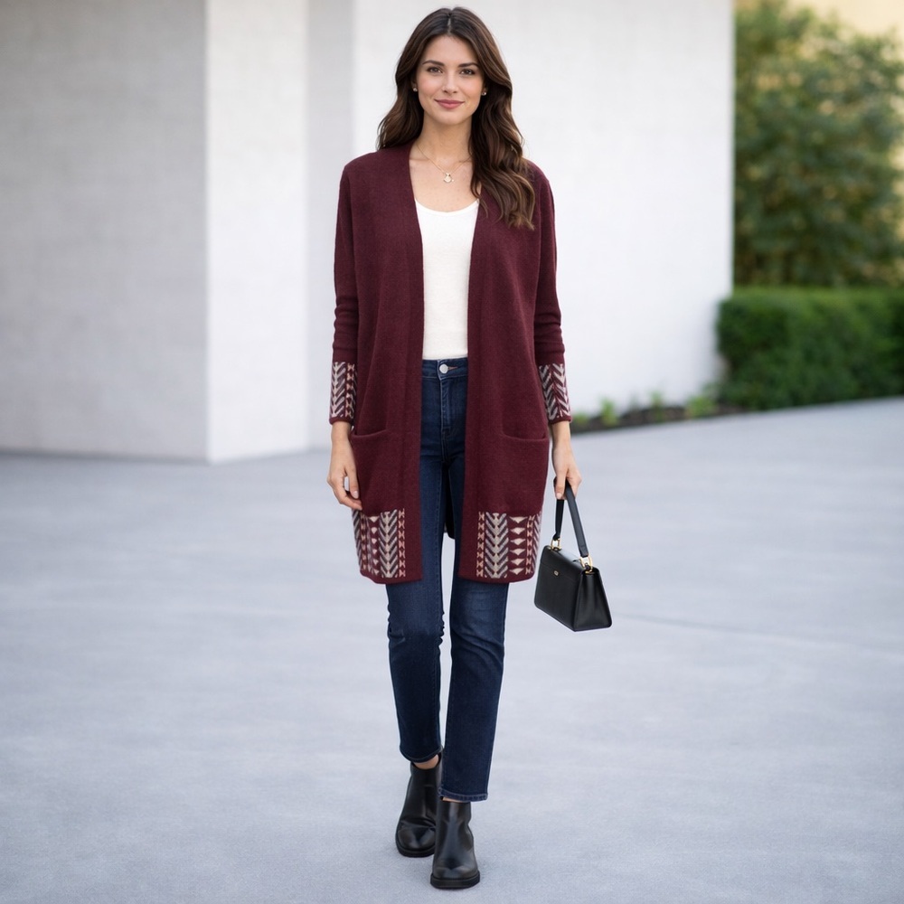 NEW Frye Dark Maroon Red Aztec Print Longline Duster Sweater Cardigan Size XXL